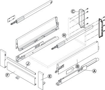 Sada čelního kování, Tandembox antaro, výška bočnice 83 mm, reling C, pro vnitřní zásuvku s relingem