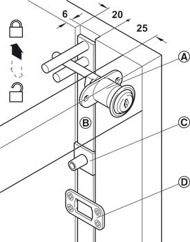 Sada otočného zámku centrálního zamykání, Häfele Symo EC Pure E1, s pevnou vložkou s plátkovými stavítky, pro montáž do čelního panelu