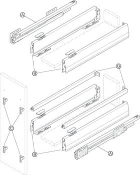 Sada rozšíření spodní skříňky, Häfele Matrix Box P Plus, s hranatým podélným relingem, výška bočnice zásuvky 92 mm, nosnost 40 kg