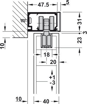 Kování pro posuvné dveře, Hawa Porta 60/100 HMD, sada s pojezdovou kolejnicí