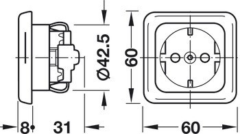 Schuko zásuvky, 60 x 60 mm, montáž do roviny, 230 V