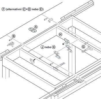 Sklopné kování, pro vkládací desku, pro stoly s otevřeným rámem stolu