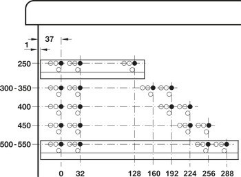 Skrytý výsuv, TAF25 částečný výsuv, nosnost do 25 kg, ocel, montáž na čepy