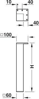Stolová noha, Čtvercová, rovná, hliník, rohová montáž