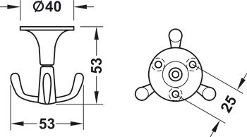 Stropní háček, Hliník, se 3 háčky, montáž na strop