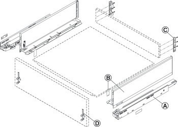 Systém zásuvkových výsuvů s bočnicí, Blum Legrabox pure, výška bočnice zásuvky 128 mm, systémová výška K, s korpusovou lištou Blumotion S