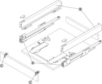 Systém zásuvkových výsuvů s bočnicí, Häfele Matrix Box P35, výška bočnice 60 mm, nosnost 35 kg, s Push-to-Open Soft-Close