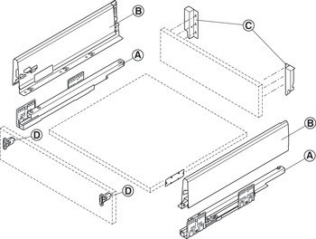 Systém zásuvkových výsuvů s bočnicí, Häfele Matrix Box S35, výška bočnice 120 mm, nosnost 35 kg, s mechanismem tlumeného dotahu