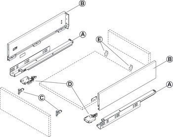 Systém zásuvkových výsuvů s bočnicí, Häfele Matrix Box Slim A Synchro, výška bočnice zásuvky 128 mm