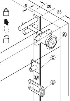 Tělo centrálního otočného zámku, otočný zámek centrálního zamykání Häfele Symo FM Pro, s pevnou vložkou s pinovými stavítky, zdvih 17 mm, individuální uzamykací systém HK/GHK, Service+