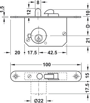 Tělo roletkového zámku, Häfele Symo FM Pro, backset 25 mm