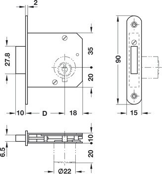 Tělo zadlabacího zámku, Häfele Symo FM Pro, backset 30 nebo 40 mm