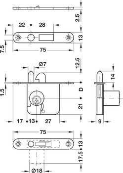 Tělo roletkového zámku, Häfele Symo FM Pro, pro pevnou vložku nebo vložku s pinovými stavítky, backset 22 mm