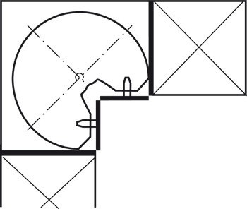 Tříčtvrtinové otočné kování, Pro rohovou skříňku, s dveřmi 90°