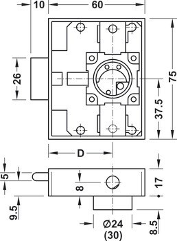Trojcestný zámek, Häfele Heavylock, se zámkovou vložkou, backset 40 mm