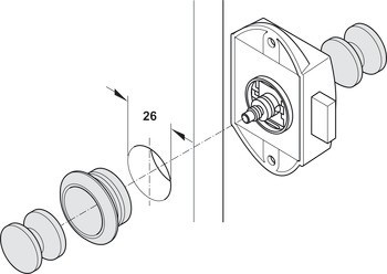 Trojcestný zámek, Häfele Push-Lock, backset 25 mm, lze ovládat z jedné strany