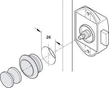 Trojcestný zámek, Häfele Push-Lock, backset 25 mm, lze ovládat z jedné strany