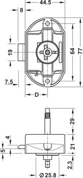 Trojcestný zámek, Häfele Push-Lock, backset 25 mm, lze ovládat z obou stran