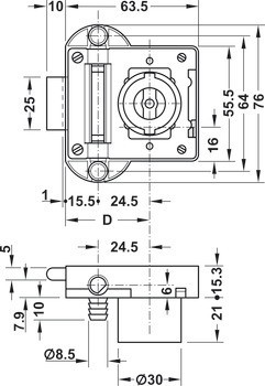 Trojcestný zámek, Häfele Standard-Nova, řešení pro povrchovou montáž, 30 mm, backset 40 mm