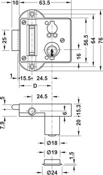 Trojcestný zámek, Häfele Standard-Nova, s pevnou vložkou s plátkovými stavítky, backset 40 mm