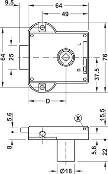 Trojcestný zámek, Häfele Symo Standard-Nova, backset 40 mm