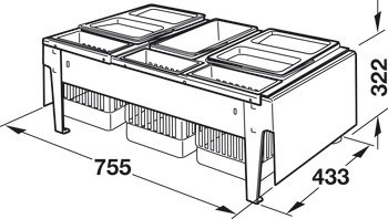 Trojdílný odpadkový koš, 2 x 18 a 1 x 12 / 1 x 18 a 2 x 8,5 litru s nádobou na kuchyňské potřeby 2 x 4,1 litru, Hailo XXL 3630-60/80