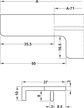 Úchytkový profil, úchytka přes celou šířku korpusu, hliník, hranatá, Häfele Déco