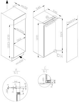 Vestavná lednice, Häfele Assedo RI13S122ea, Výška 122 cm, šířka 54 cm, využitelný objem 197 litrů