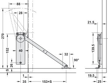 Výklop, pro dřevěné výklopy, s tlumeným otevíráním a zavírací pružinou