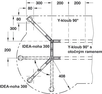 Y spoj, 90°, s pohyblivým ramenem, pro systémy stolového podnoží Idea