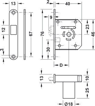 Zadlabací hákový zámek, Häfele Symo EC, backset 22 mm