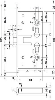 Zadlabací zámek, Ocel/ocel, BMH 1758, s funkcí únikových dveří D, backset 65 mm