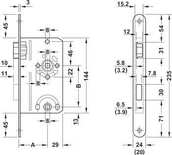 Zadlabací zámek, pro otočné dveře, Startec, koupelna/WC, backset 55 mm