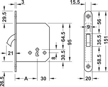 Zadlabací zámek, pro posuvné dveře, s kruhovou závorou, dozický klíč