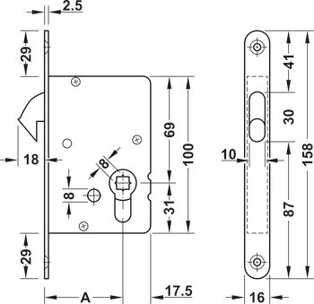 Zadlabací zámek, Pro posuvné dveře, s kruhovou závorou, Startec, Koupelna/WC, Backset 50 mm