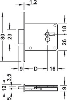 Zadlabací zámek, se záskočkou, backset 15–40 mm, čelní plech 80 mm