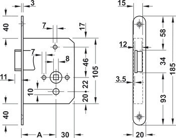 Zadlabací zámek střelkový, pro otočné dveře, třída 3