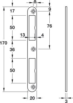 Zámek pro posuvné dveře, pro bezfalcové dveře, 170 mm