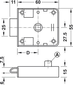 Zámek se střelkou k přišroubování, Häfele Push-Lock, backset 30 mm