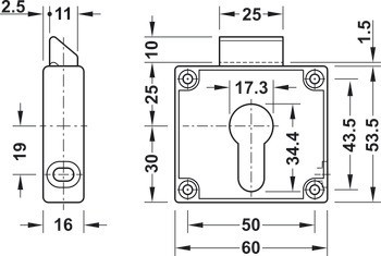 Zámek se střelkou k přišroubování, PZ 60, backset 25 mm