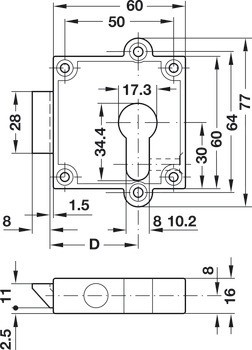 Zámek se střelkou k přišroubování, PZ 60, backset 40 mm