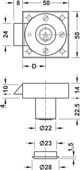 Zámek se střelkou k přišroubování, se zámkovou vložkou Kaba 8, standardní profil, backset 25 mm