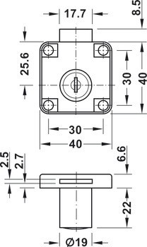 Zámek se závorou k přišroubování, Econo, s vložkou s plátkovými stavítky, backset 25 mm