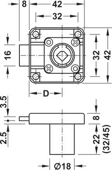 Zámek se závorou k přišroubování, Häfele Symo EC, backset 25 mm, vysunutí závory 8 mm, s délkou těla vložky od 22 mm do 45 mm