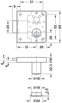 Zámek se závorou k přišroubování, Häfele Symo FM Pro, s pevnou vložkou s pinovými stavítky, individuální uzamykací systém HK/GHK, backset 25 mm