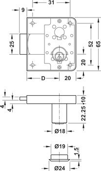 Zámek se závorou k přišroubování, Häfele Symo FM Pro, s pevnou vložkou s pinovými stavítky, individuální uzamykací systém HK/GHK, backset 25 mm