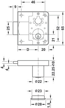 Zámek se závorou k přišroubování, Häfele Symo FM Pro, s pevnou vložkou s pinovými stavítky, standardní profil, backset 40 mm