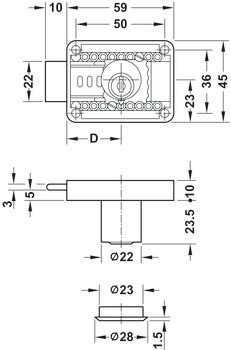Zámek se závorou k přišroubování, S pevnou vložkou s plátkovými stavítky, backset 15–40 mm (nastavitelné)
