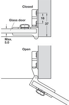Závěs pro skleněné dveře, Úhel otevření 170°, vložená montáž