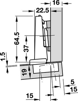 Závěs profilových dveří, Blum Clip Top Blumotion 95°, vložená montáž